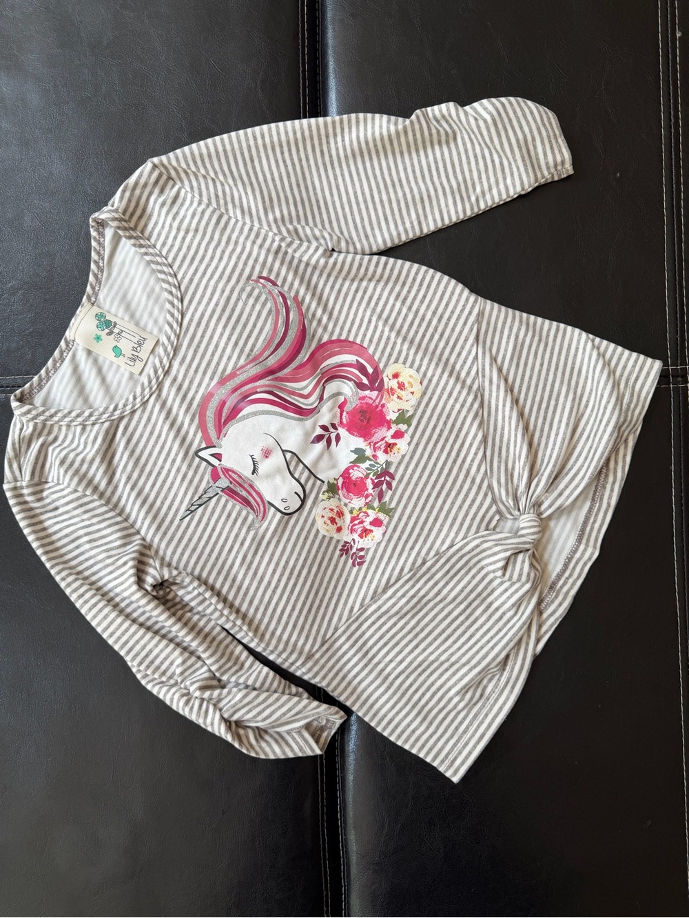 Lily Bleu - White & Gray Striped Unicorn Long Sleeve Top with Pink Accents